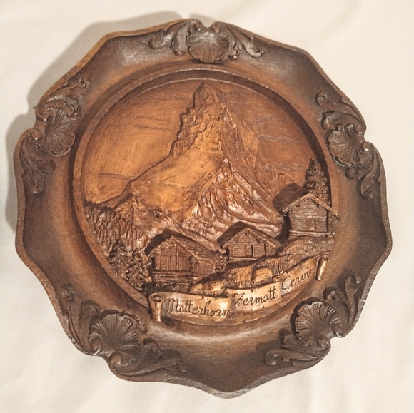 Mid Century "Matterhorn Zermatt Cervin" Carved 3D Resin Faux Wood Wall Art - Picture 9 of 15